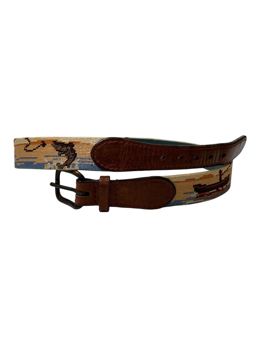 Smathers & Branson Parlour Size 32 fly fishing design needlepoint leather belt.